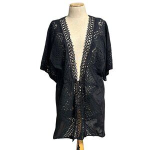 Ramy Brook Womens Sz Large Black Crochet Trim Open Front Tie Waist Top